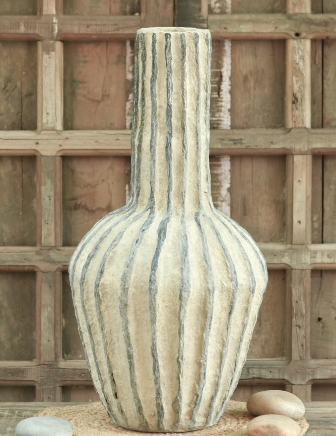 Ekaurr Mallet Striped Paper Mache Vase in mallet silhouette with striped handcrafted surface, sustainable upcycled paper vase made by rural women artisans in Rajasthan