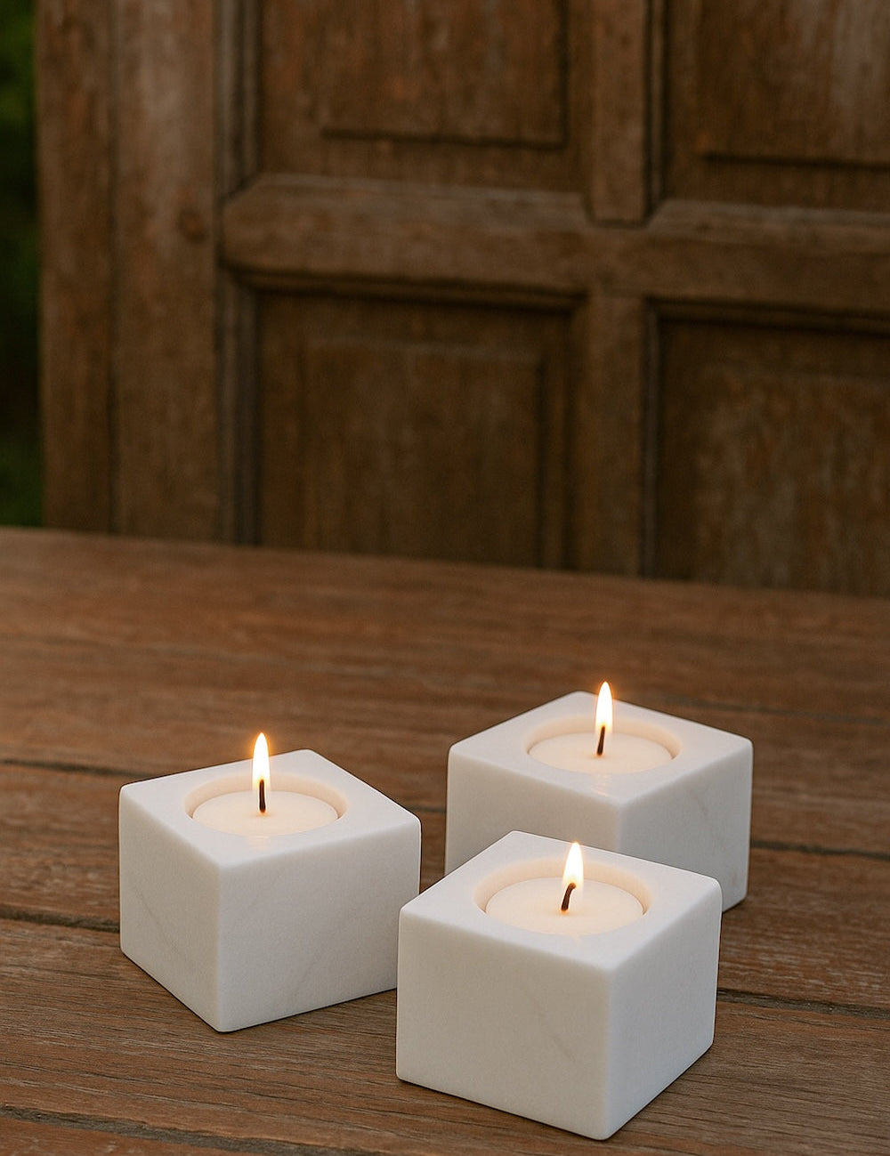 Ekaurr Marble Cubical Tea Light Holder polished natural white marble cube with carved tea light well, elegant minimal stone candle holder for dining tables and refined home decor