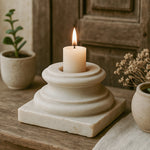 Ekaurr Marble Pillar Base Candle Holder polished natural marble column base supporting a candle well, elegant artisan stone candle holder for dining tables consoles and luxurious home styling