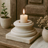Ekaurr Marble Pillar Base Candle Holder polished natural marble column base supporting a candle well, elegant artisan stone candle holder for dining tables consoles and luxurious home styling
