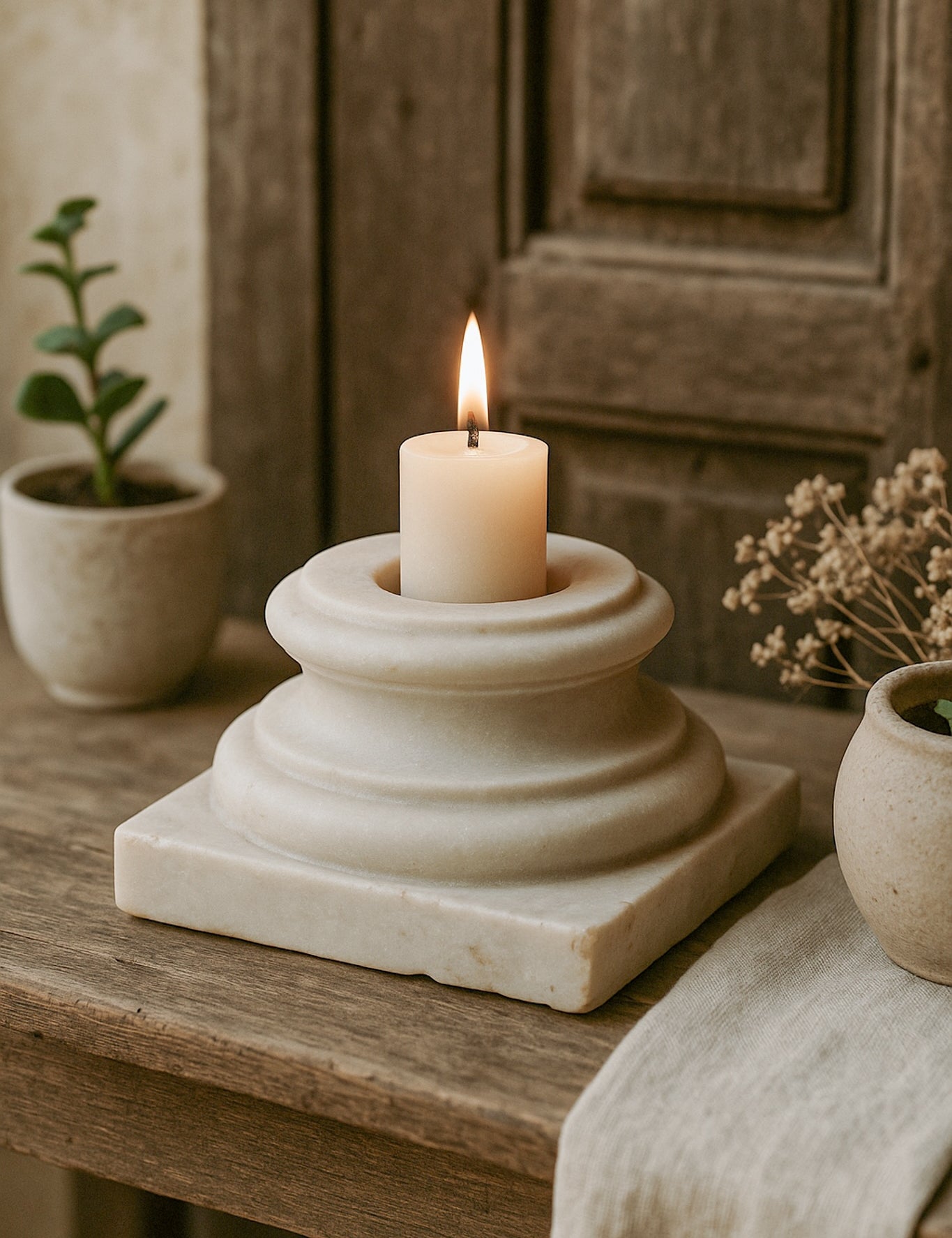 Ekaurr Marble Pillar Base Candle Holder polished natural marble column base supporting a candle well, elegant artisan stone candle holder for dining tables consoles and luxurious home styling