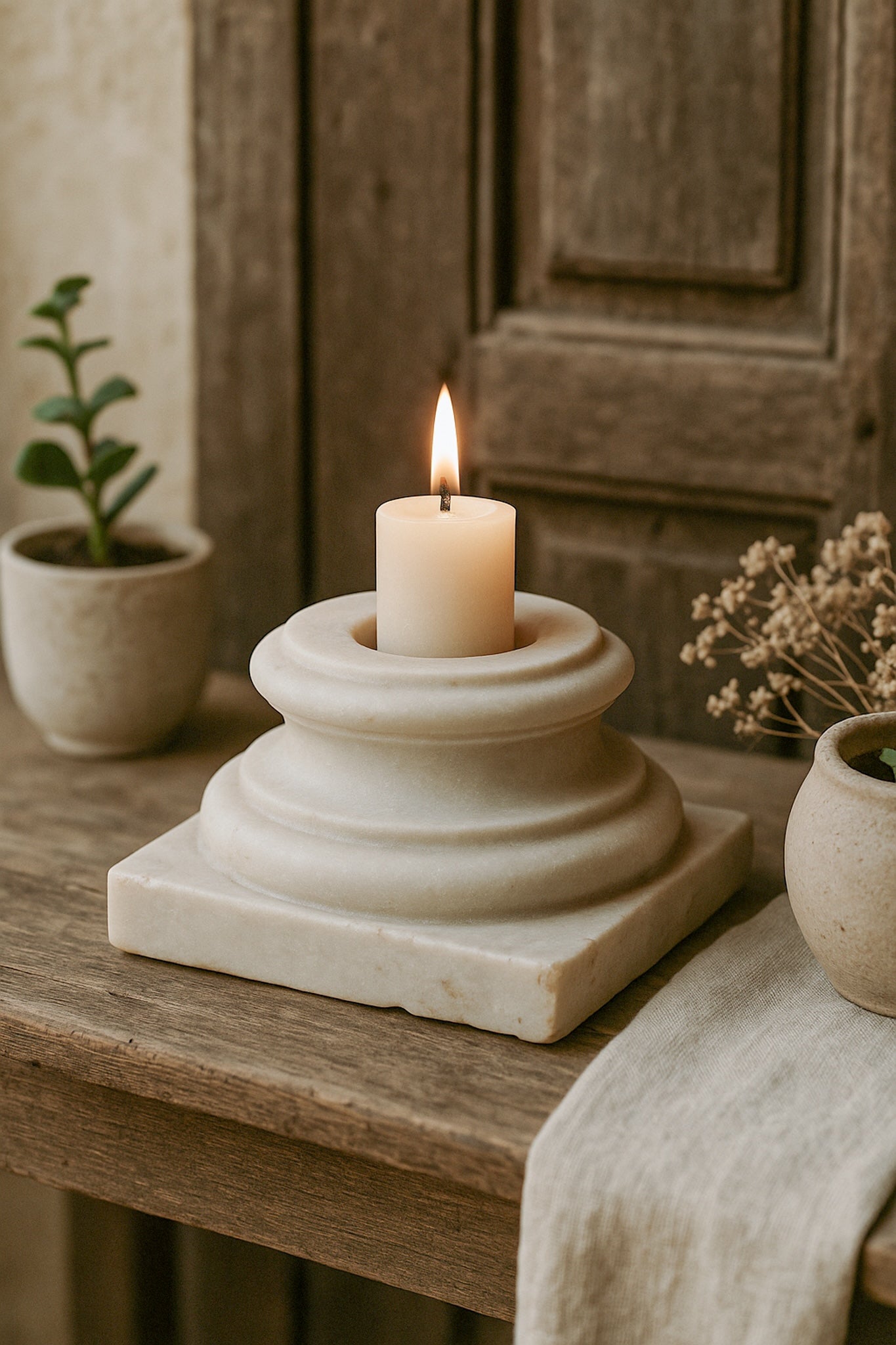 Ekaurr Marble Pillar Base Candle Holder polished natural marble column base supporting a candle well, elegant artisan stone candle holder for dining tables consoles and luxurious home styling