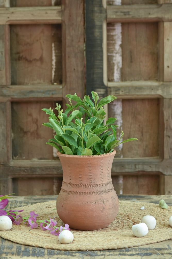 Ekaurr Matiya Classic Terracotta Planter handcrafted by rural Indian women artisans in natural earthy tone, unique shaped pot for real or faux plants