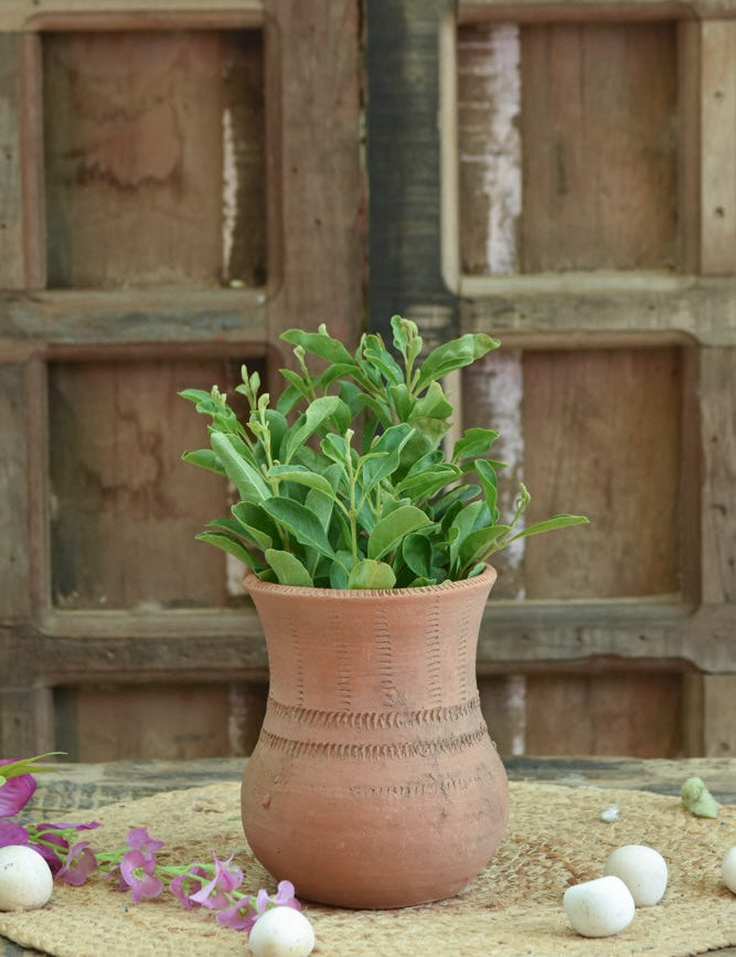Ekaurr Matiya Classic Terracotta Planter handcrafted by rural Indian women artisans in natural earthy tone, unique shaped pot for real or faux plants