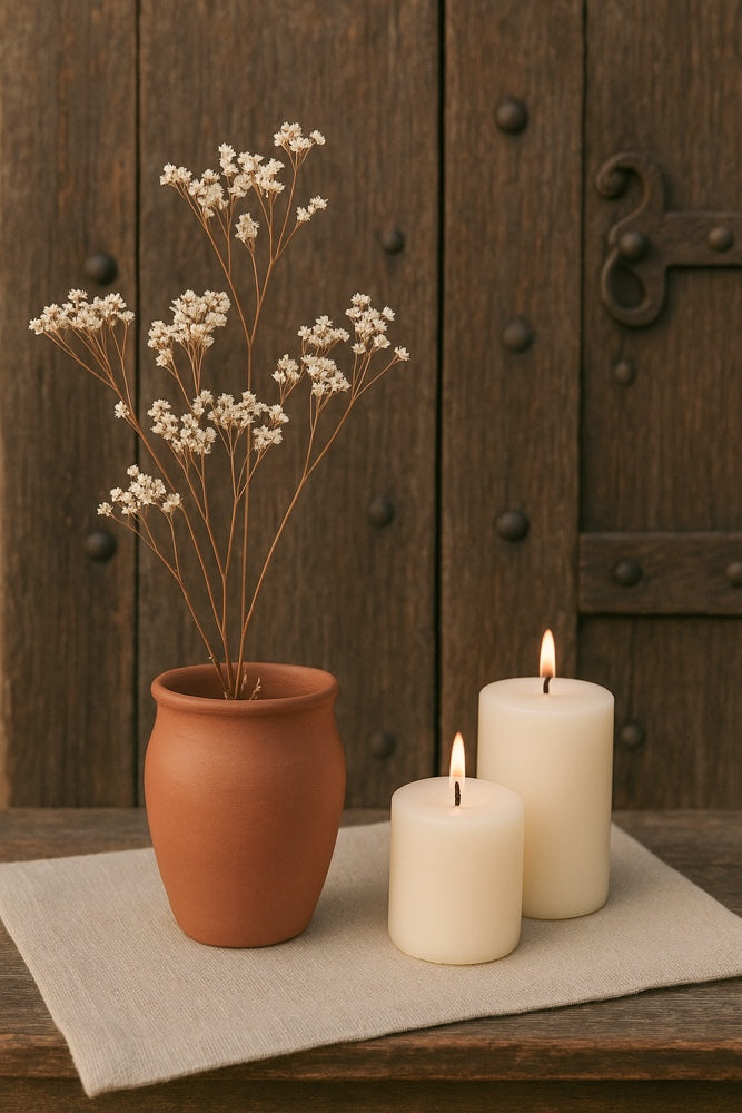 Ekaurr Matka Mini Terracotta Vase set of 3, handmade by rural Indian artisans in traditional matka pot form, earthy compact vases for flowers or home styling