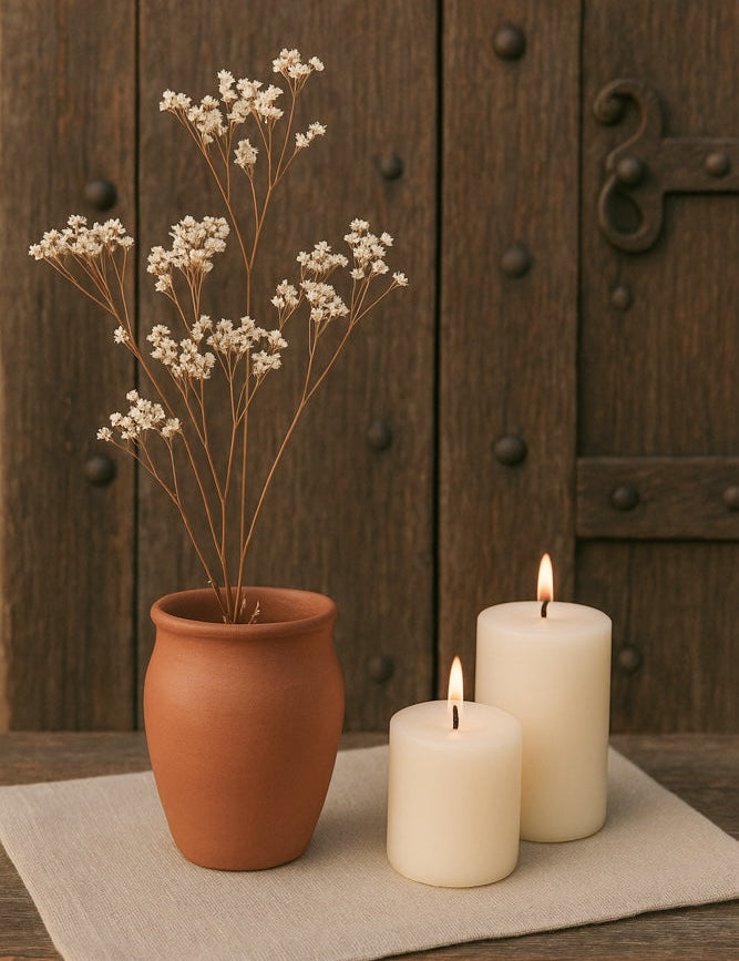 Ekaurr Matka Mini Terracotta Vase set of 3, handmade by rural Indian artisans in traditional matka pot form, earthy compact vases for flowers or home styling