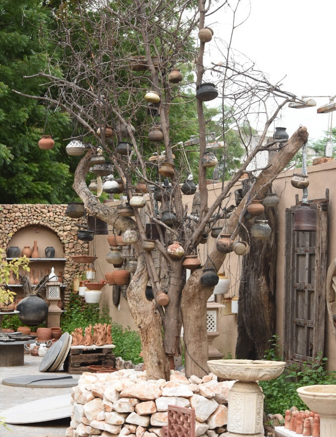 Ekaurr The Matka Tree living tree planted in a stone ring base surrounded by 100 handmade terracotta pots, one-of-a-kind sustainable botanical installation