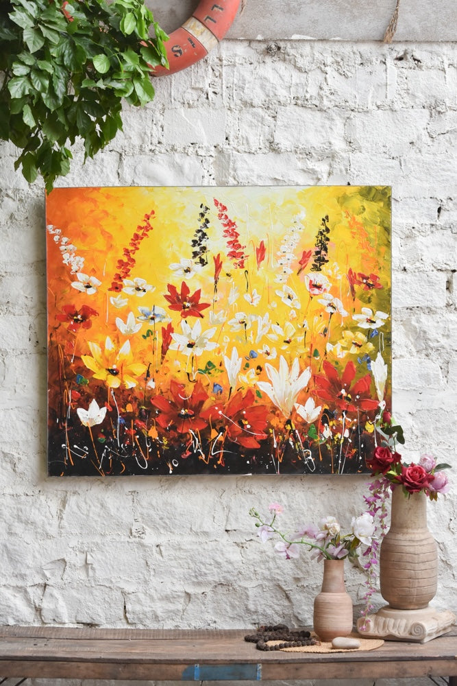 Ekaurr Meadow Burst painting with an explosive floral meadow composition in vibrant greens yellows and blooming colours, handcrafted botanical landscape home decor for living rooms and nature-inspired interiors