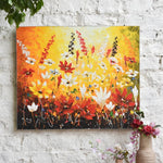 Ekaurr Meadow Burst painting with an explosive floral meadow composition in vibrant greens yellows and blooming colours, handcrafted botanical landscape home decor for living rooms and nature-inspired interiors