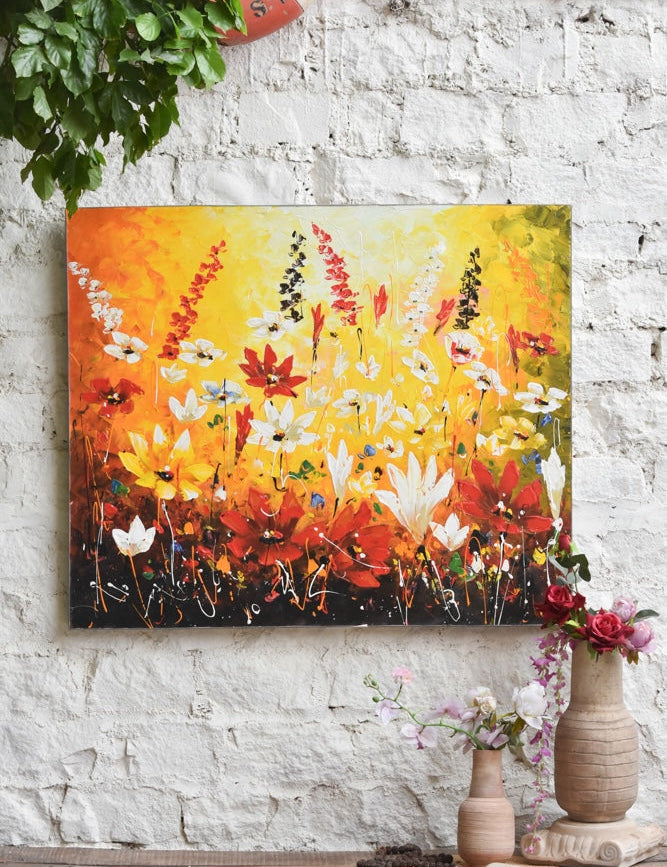 Ekaurr Meadow Burst painting with an explosive floral meadow composition in vibrant greens yellows and blooming colours, handcrafted botanical landscape home decor for living rooms and nature-inspired interiors