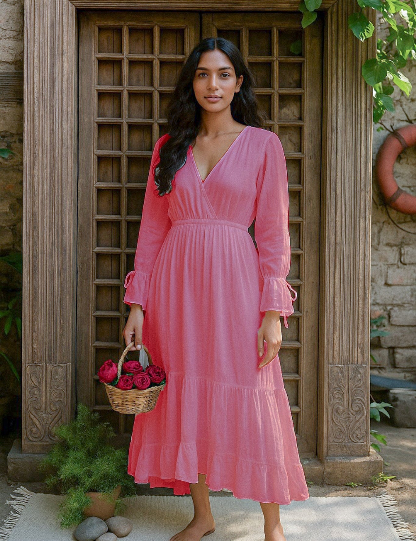 Ekaurr BIGDI Mehar Long Cotton Dress finest cotton summer maxi dress in a grace-inspired soft pastel tone with a relaxed flowing silhouette, artisan slow fashion wearable for women from the BIGDI summer pastel collection