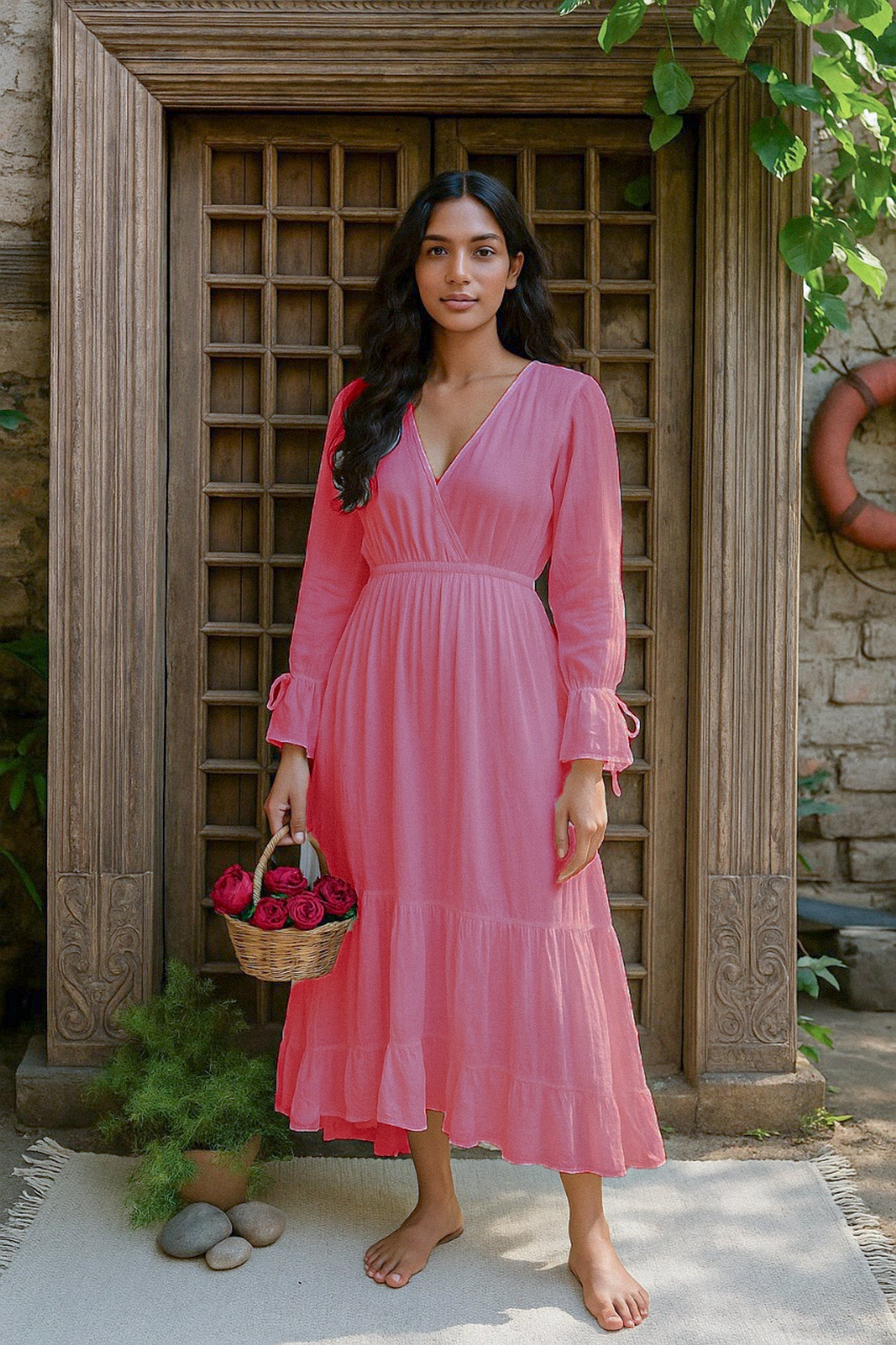 Ekaurr BIGDI Mehar Long Cotton Dress finest cotton summer maxi dress in a grace-inspired soft pastel tone with a relaxed flowing silhouette, artisan slow fashion wearable for women from the BIGDI summer pastel collection