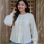 Ekaurr BIGDI Mellow Frill Cotton Shirt finest cotton summer shirt with a full-front cascading frill in soft mellow pastel tones, artisan slow fashion top for women from the BIGDI summer collection