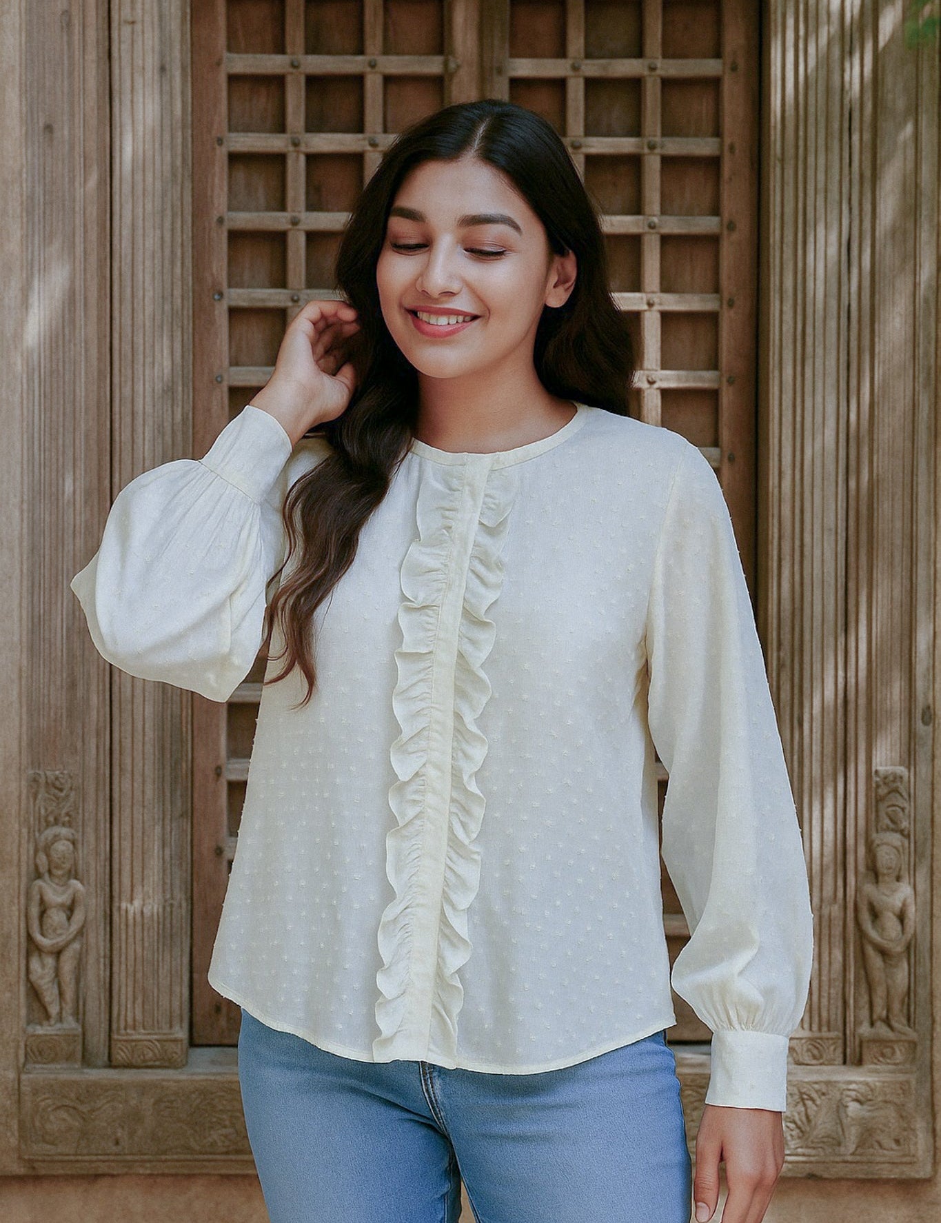Ekaurr BIGDI Mellow Frill Cotton Shirt finest cotton summer shirt with a full-front cascading frill in soft mellow pastel tones, artisan slow fashion top for women from the BIGDI summer collection