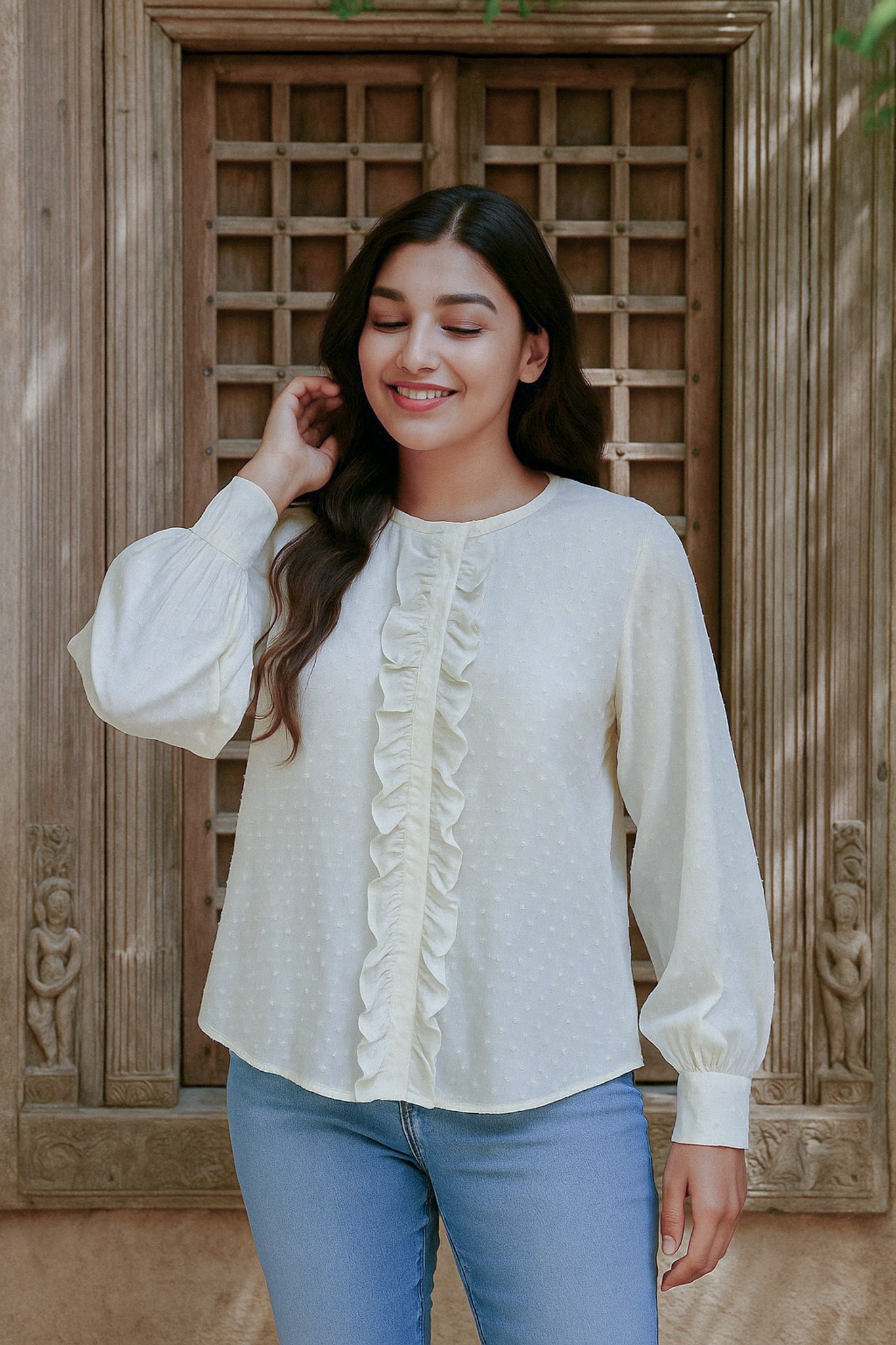 Ekaurr BIGDI Mellow Frill Cotton Shirt finest cotton summer shirt with a full-front cascading frill in soft mellow pastel tones, artisan slow fashion top for women from the BIGDI summer collection