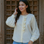 Ekaurr BIGDI Mellow One Side Frill Cotton Shirt finest cotton summer shirt with an asymmetric single-side frill in soft mellow pastel tones, artisan slow fashion top for women from the BIGDI summer collection