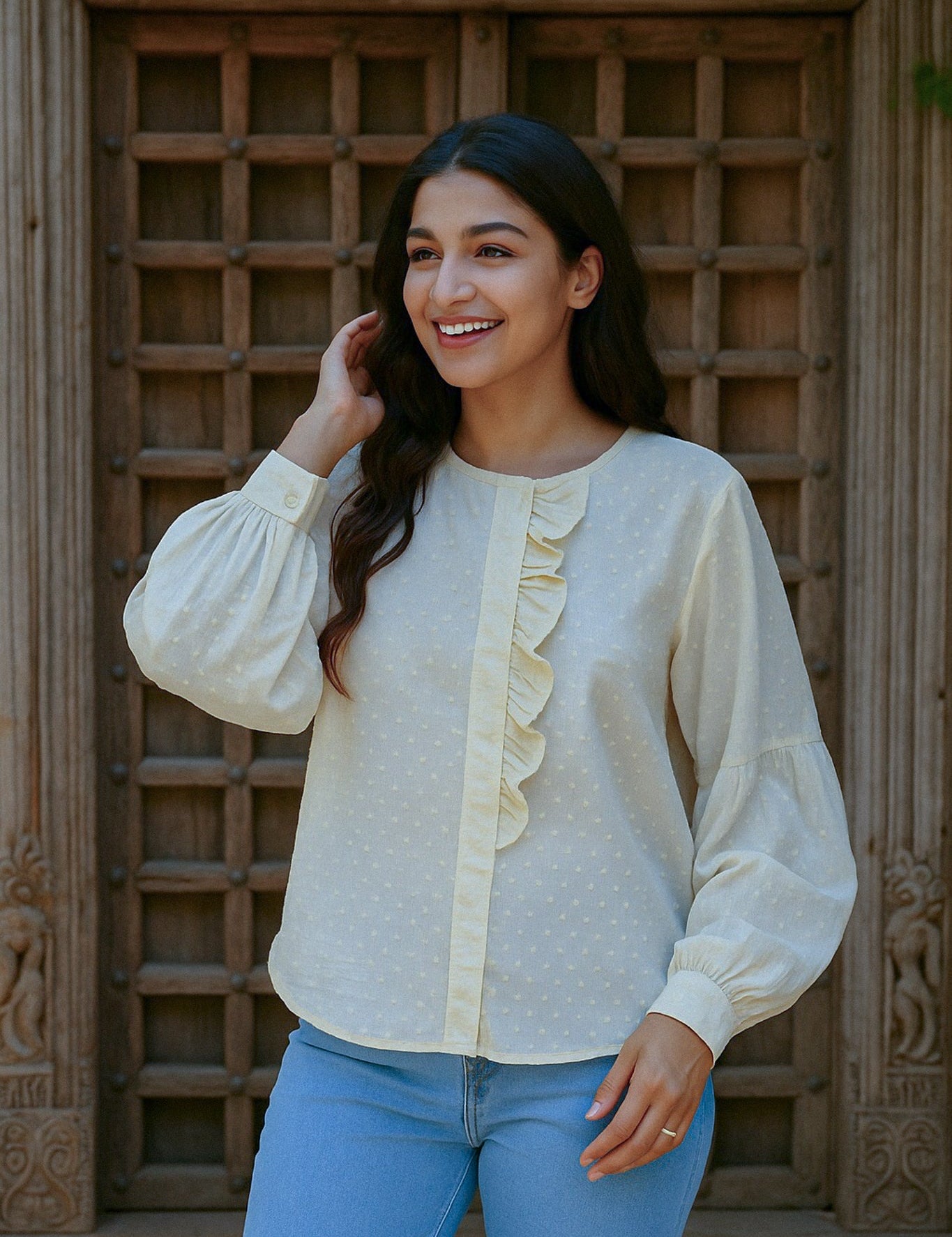 Ekaurr BIGDI Mellow One Side Frill Cotton Shirt finest cotton summer shirt with an asymmetric single-side frill in soft mellow pastel tones, artisan slow fashion top for women from the BIGDI summer collection