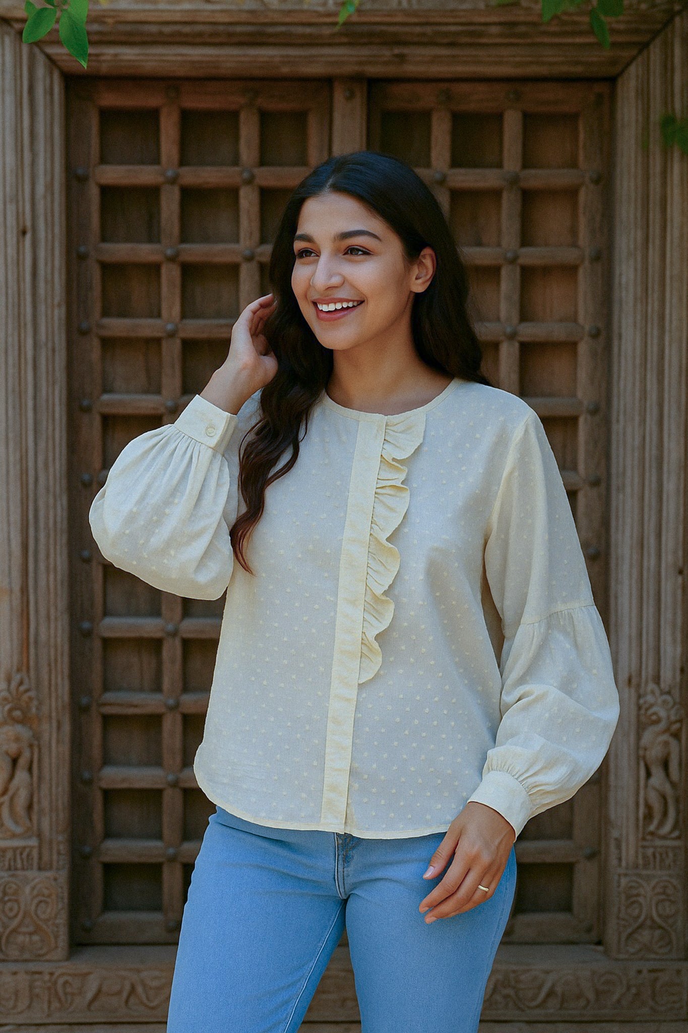 Ekaurr BIGDI Mellow One Side Frill Cotton Shirt finest cotton summer shirt with an asymmetric single-side frill in soft mellow pastel tones, artisan slow fashion top for women from the BIGDI summer collection