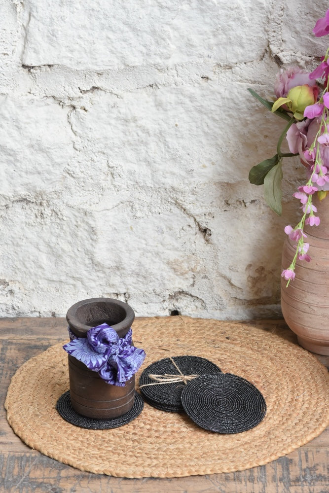 Ekaurr Midnight Elegance Gift Set curated artisan gift set of a reclaimed wood vase paired with hand-beaded dark midnight-toned coasters and complimentary greeting card, sophisticated sustainable gifting for home decor and table styling