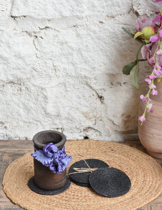 Ekaurr Midnight Elegance Gift Set curated artisan gift set of a reclaimed wood vase paired with hand-beaded dark midnight-toned coasters and complimentary greeting card, sophisticated sustainable gifting for home decor and table styling