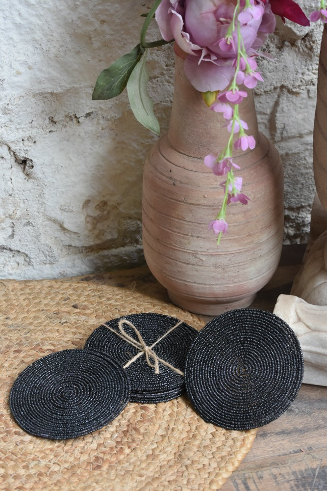 Ekaurr Midnight Elegance Hand Beaded Coaster set of 6 handcrafted dark coasters with intricate bead embellishment in midnight tones, artisan luxury table accessory for protecting surfaces in dining and living spaces