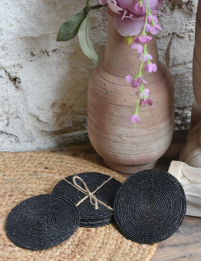 Ekaurr Midnight Elegance Hand Beaded Coaster set of 6 handcrafted dark coasters with intricate bead embellishment in midnight tones, artisan luxury table accessory for protecting surfaces in dining and living spaces