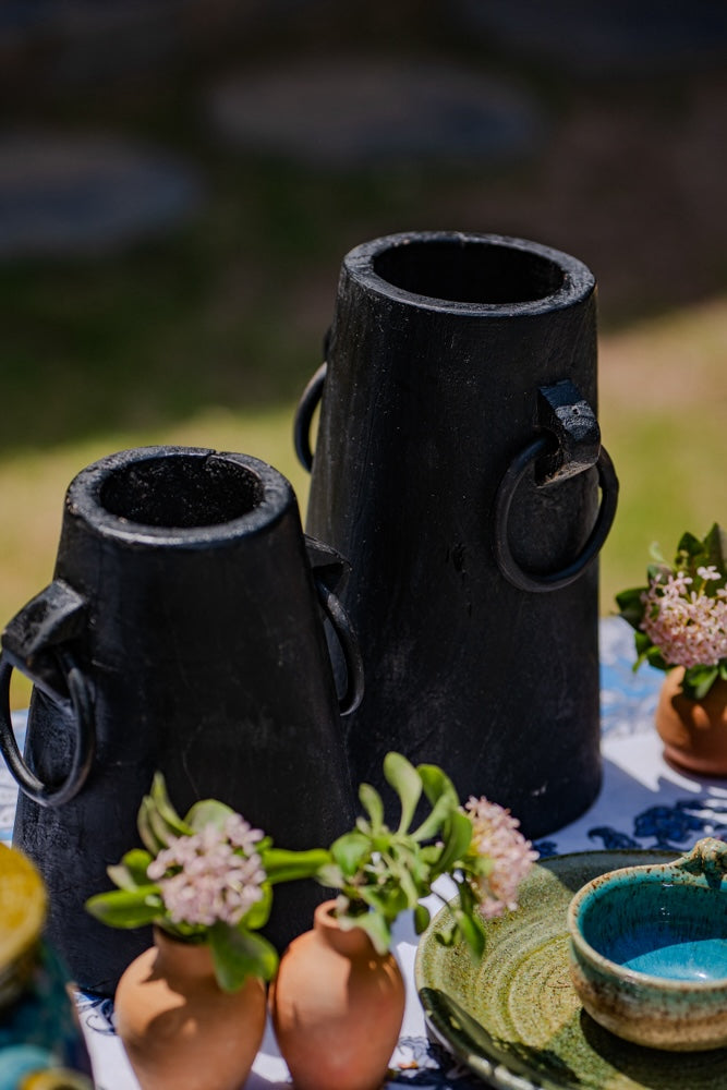 Ekaurr Milk Pots in Black Finish set of 2 handcrafted reclaimed wood pots in matte black with metal ring handles, vintage utility-inspired rustic décor accent for dried botanicals