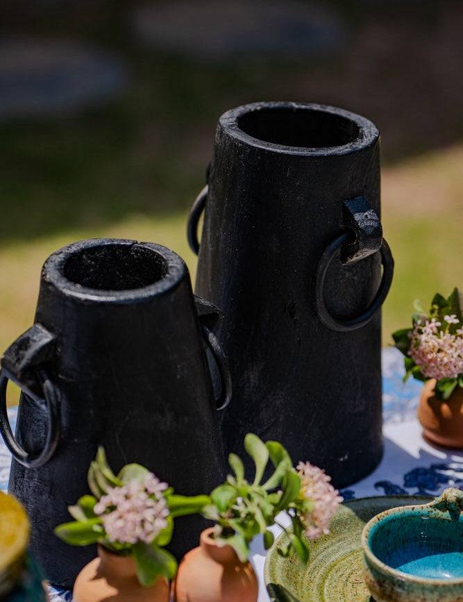 Ekaurr Milk Pots in Black Finish set of 2 handcrafted reclaimed wood pots in matte black with metal ring handles, vintage utility-inspired rustic décor accent for dried botanicals