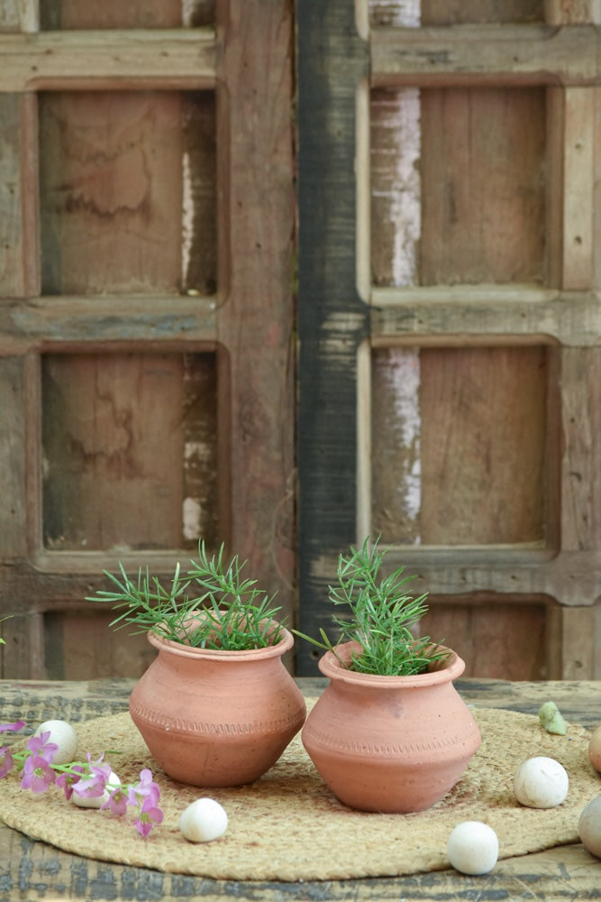 Ekaurr Mini Matki Terracotta Planters handmade by rural Indian women artisans in small matki pot form, earthy terracotta for succulent clusters or console styling