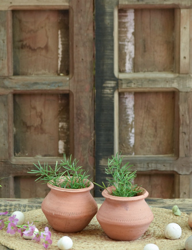 Ekaurr Mini Matki Terracotta Planters handmade by rural Indian women artisans in small matki pot form, earthy terracotta for succulent clusters or console styling
