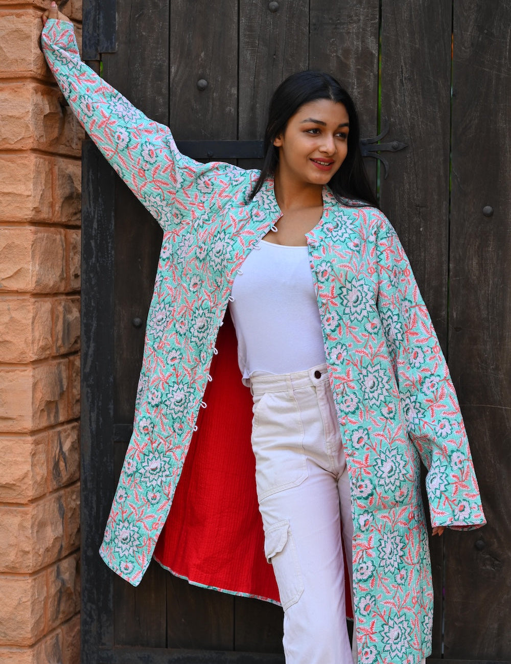 Ekaurr BIGDI Mint Blossom Coat cotton quilted reversible coat in fresh mint with a delicate blossom print detailing, artisan slow fashion outerwear for women from the BIGDI Blazers Coats and Robes collection