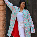 Ekaurr BIGDI Mint Blossom Coat cotton quilted reversible coat in fresh mint with a delicate blossom print detailing, artisan slow fashion outerwear for women from the BIGDI Blazers Coats and Robes collection
