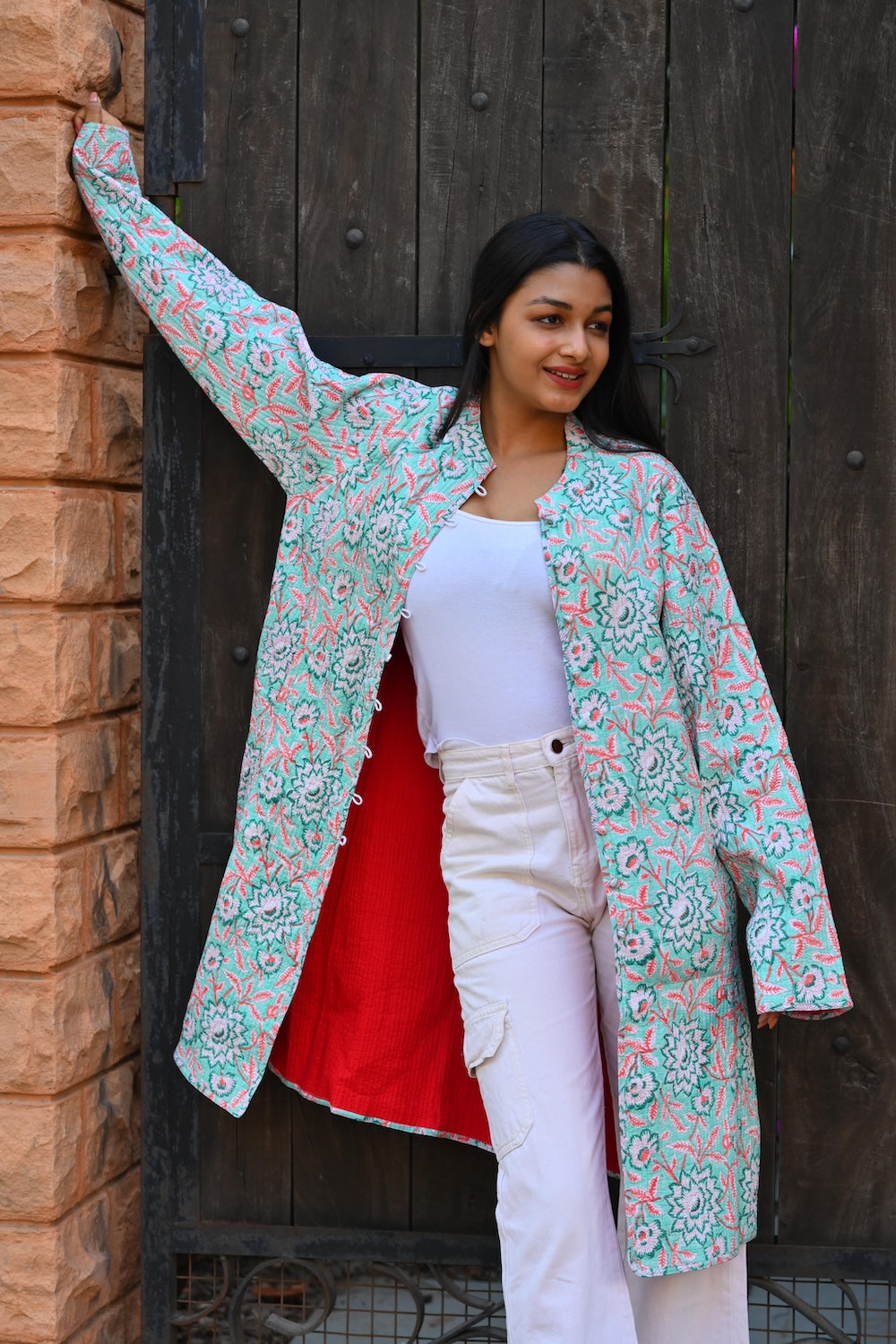 Ekaurr BIGDI Mint Blossom Coat cotton quilted reversible coat in fresh mint with a delicate blossom print detailing, artisan slow fashion outerwear for women from the BIGDI Blazers Coats and Robes collection