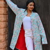 Ekaurr BIGDI Mint Blossom Coat cotton quilted reversible coat in fresh mint with a delicate blossom print detailing, artisan slow fashion outerwear for women from the BIGDI Blazers Coats and Robes collection