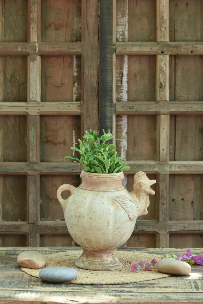 Ekaurr Mor-Mukh Planter handcrafted terracotta pot with peacock-inspired decorative neck motif, handmade Indian artisan planter for succulents or indoor plants