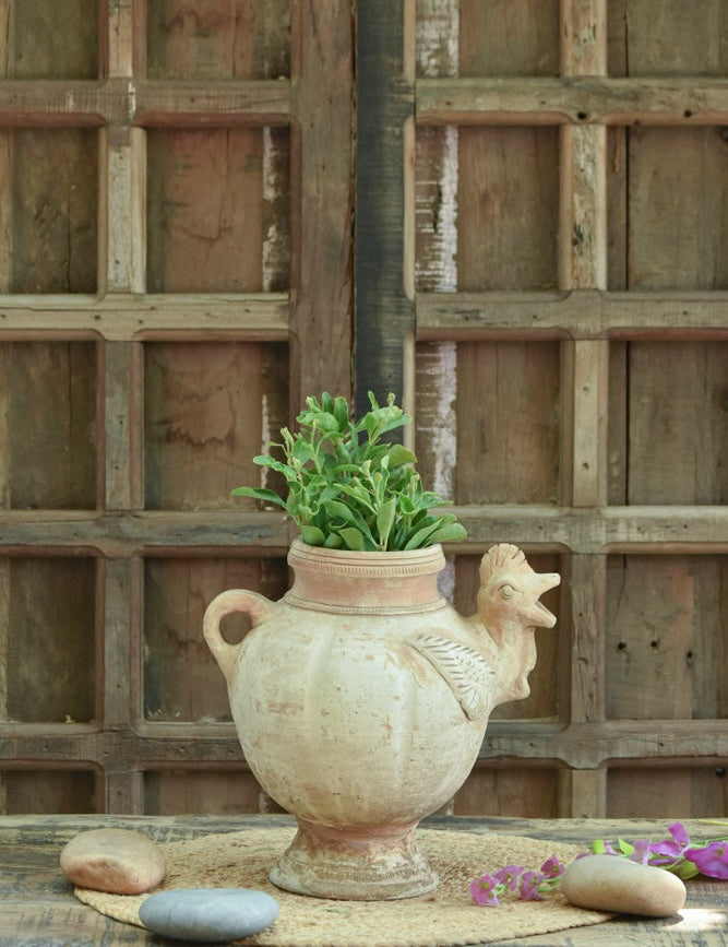 Ekaurr Mor-Mukh Planter handcrafted terracotta pot with peacock-inspired decorative neck motif, handmade Indian artisan planter for succulents or indoor plants