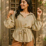 Ekaurr BIGDI Moss Knot Cotton Shirt finest cotton summer shirt in botanical moss green with a knotted front tie detail, artisan slow fashion top for women from the BIGDI summer collection