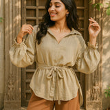 Ekaurr BIGDI Moss Knot Cotton Shirt finest cotton summer shirt in botanical moss green with a knotted front tie detail, artisan slow fashion top for women from the BIGDI summer collection