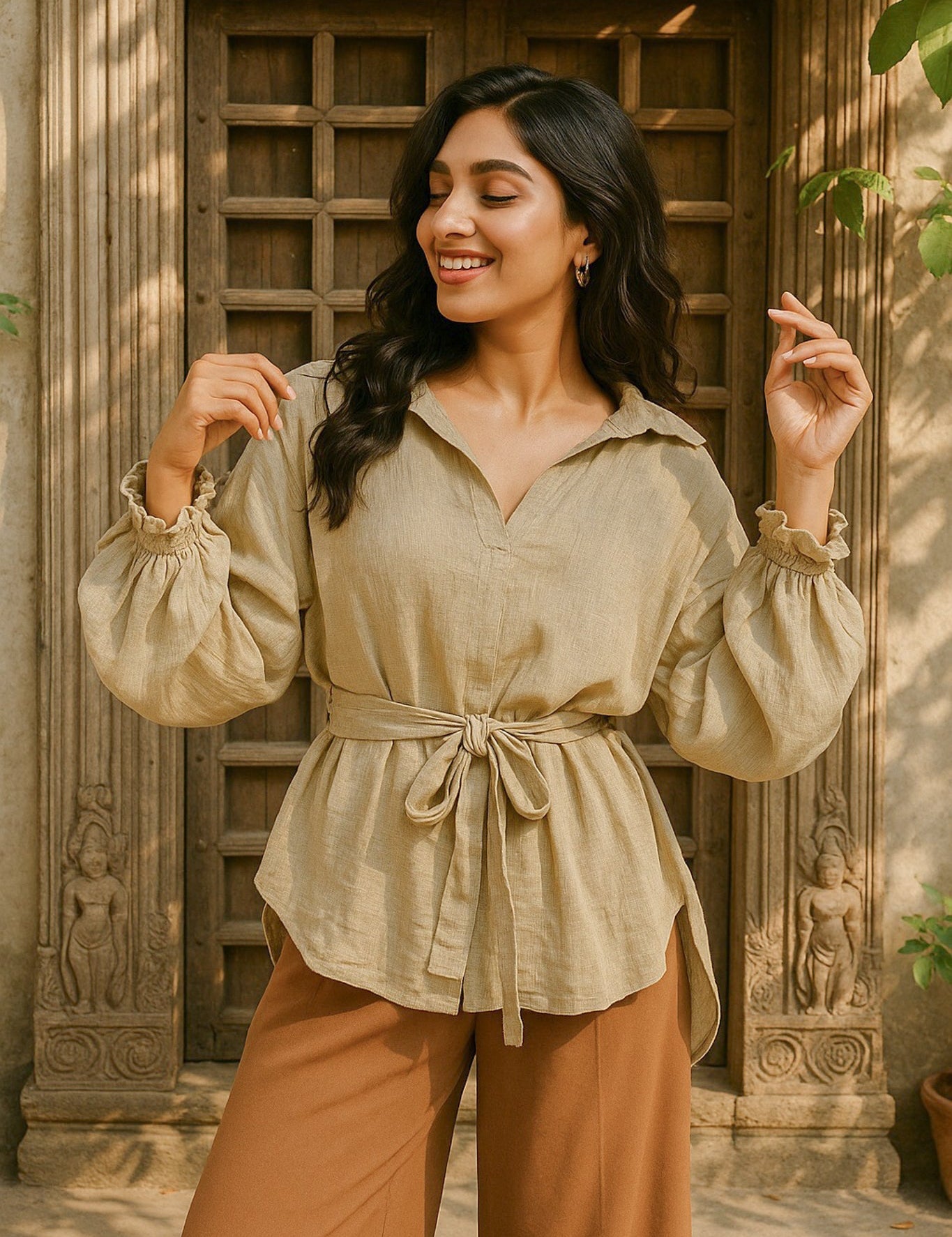 Ekaurr BIGDI Moss Knot Cotton Shirt finest cotton summer shirt in botanical moss green with a knotted front tie detail, artisan slow fashion top for women from the BIGDI summer collection