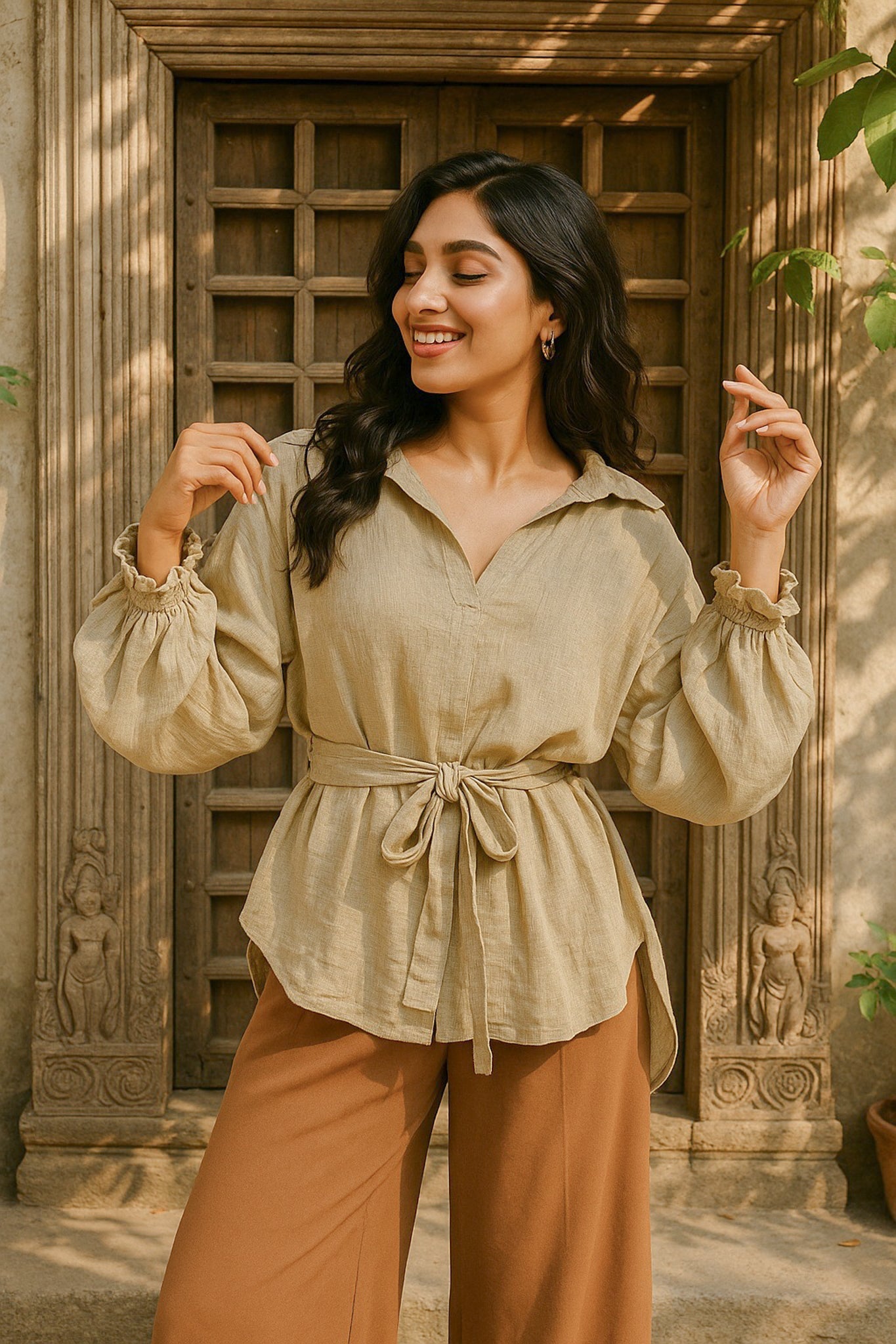 Ekaurr BIGDI Moss Knot Cotton Shirt finest cotton summer shirt in botanical moss green with a knotted front tie detail, artisan slow fashion top for women from the BIGDI summer collection
