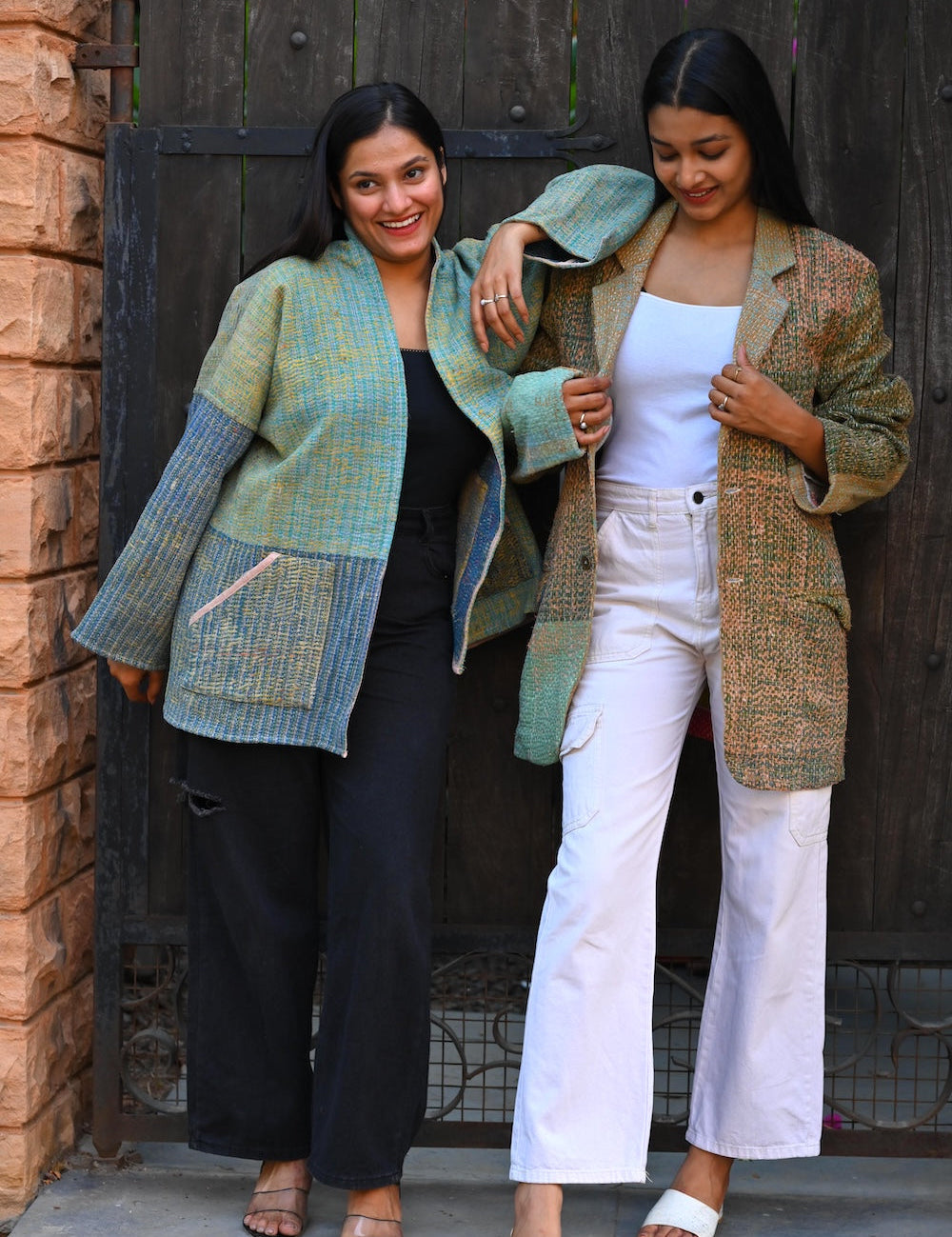Ekaurr BIGDI Mossy Weave Blazer cotton quilted blazer in earthy moss green with a woven textile surface and structured form, artisan slow fashion outerwear for women from the BIGDI Blazers Coats and Robes collection