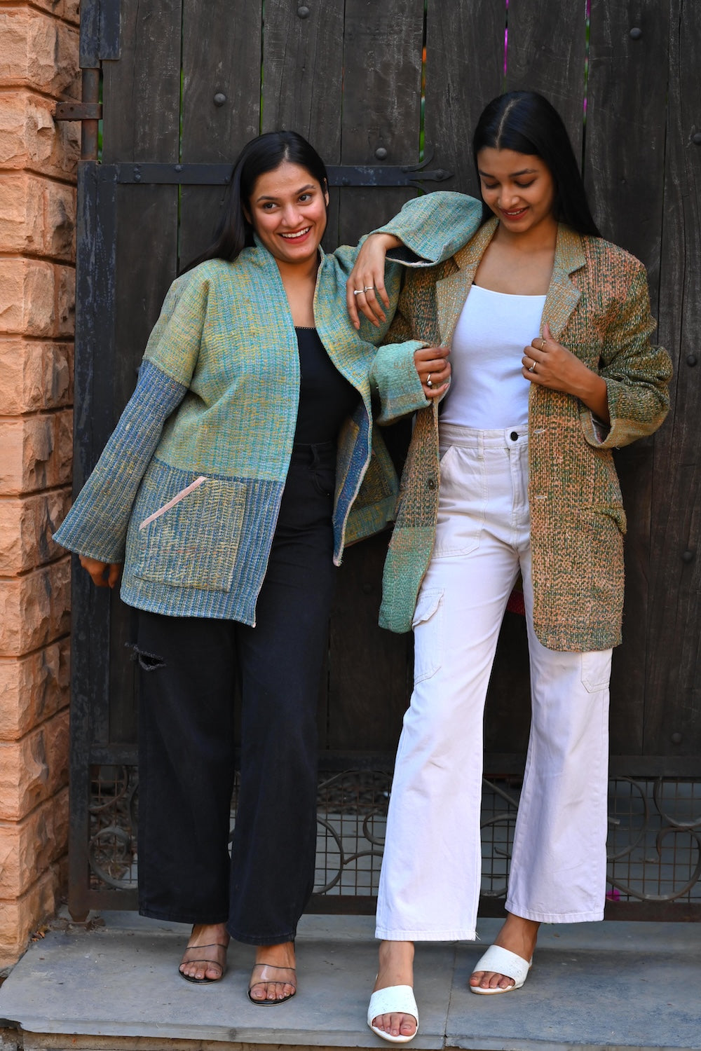 Ekaurr BIGDI Mossy Weave Blazer cotton quilted blazer in earthy moss green with a woven textile surface and structured form, artisan slow fashion outerwear for women from the BIGDI Blazers Coats and Robes collection