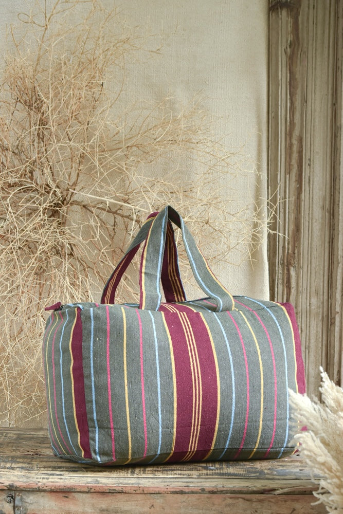 Ekaurr Multi Coloured Fabric Picnic Bag handcrafted quilted cotton picnic tote in a vibrant multicolour patchwork or print with a spacious structured form, artisan Indian textile bag for picnics outings and joyful everyday use