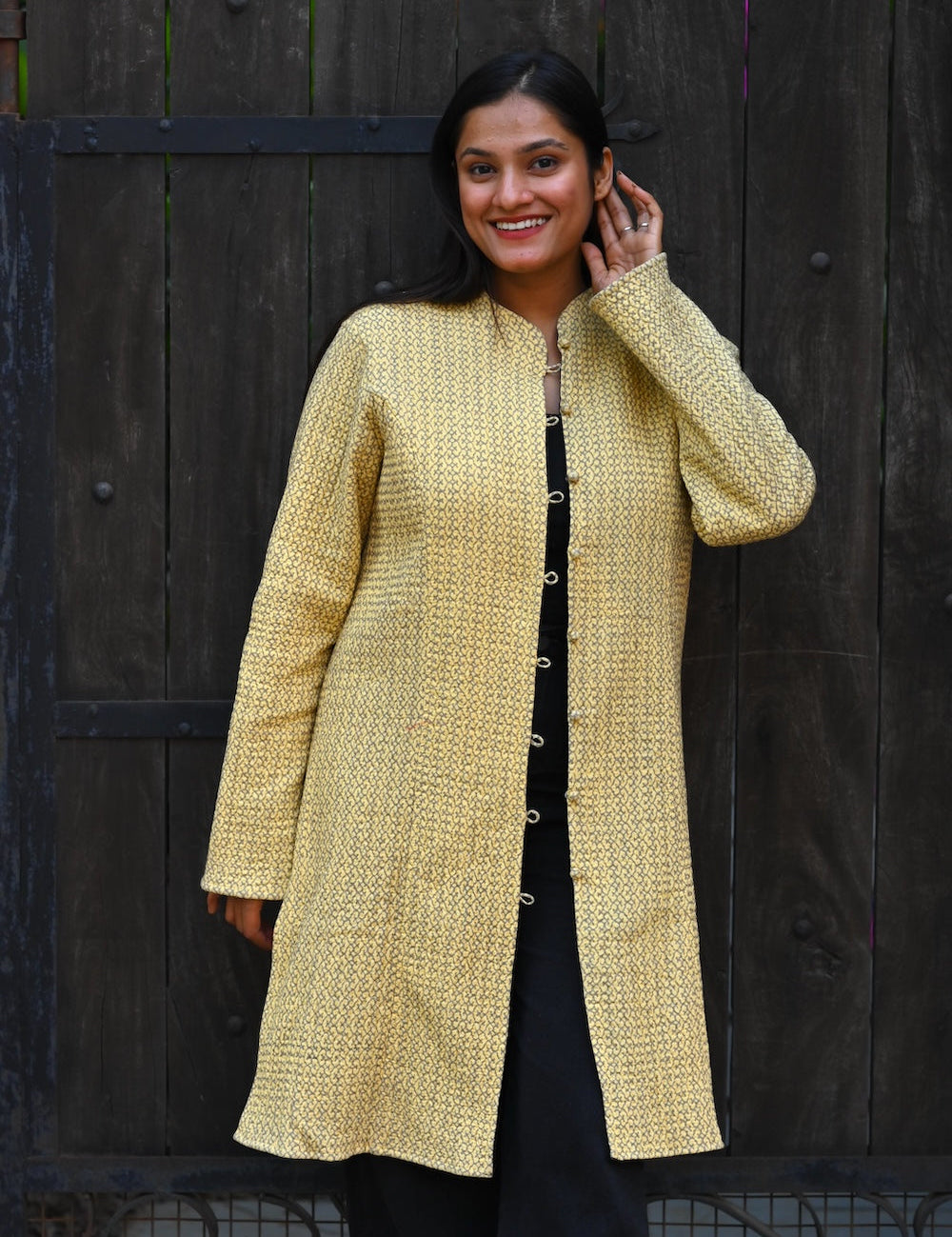 Ekaurr BIGDI Muted Sunshine Coat cotton quilted reversible winter coat in muted warm yellow tones in free size, artisan slow fashion outerwear for women blending Indian textile heritage with everyday versatility
