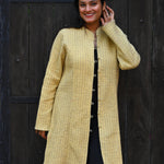 Ekaurr BIGDI Muted Sunshine Coat cotton quilted reversible winter coat in muted warm yellow tones in free size, artisan slow fashion outerwear for women blending Indian textile heritage with everyday versatility
