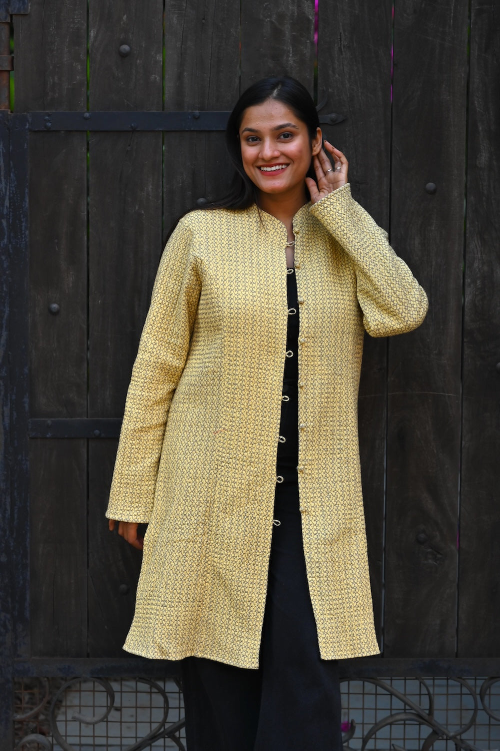 Ekaurr BIGDI Muted Sunshine Coat cotton quilted reversible winter coat in muted warm yellow tones in free size, artisan slow fashion outerwear for women blending Indian textile heritage with everyday versatility