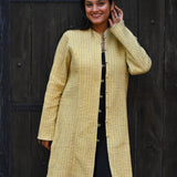 Ekaurr BIGDI Muted Sunshine Coat cotton quilted reversible winter coat in muted warm yellow tones in free size, artisan slow fashion outerwear for women blending Indian textile heritage with everyday versatility