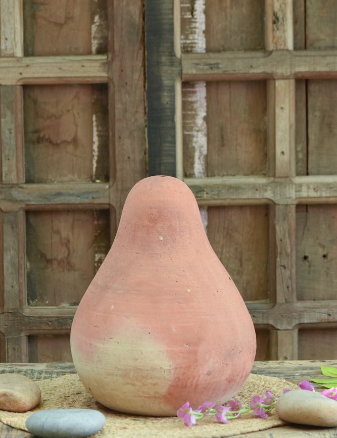 Ekaurr Naashpati Form Decorative handcrafted terracotta accent in an organic pear-inspired silhouette with unglazed raw clay surface, earthy one-of-a-kind shelf or console accent