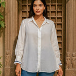 Ekaurr BIGDI Nazaara Cotton Shirt finest cotton summer shirt with a vision-inspired print or embroidered detailing in soft earthy tones, artisan slow fashion top for women from the BIGDI summer collection