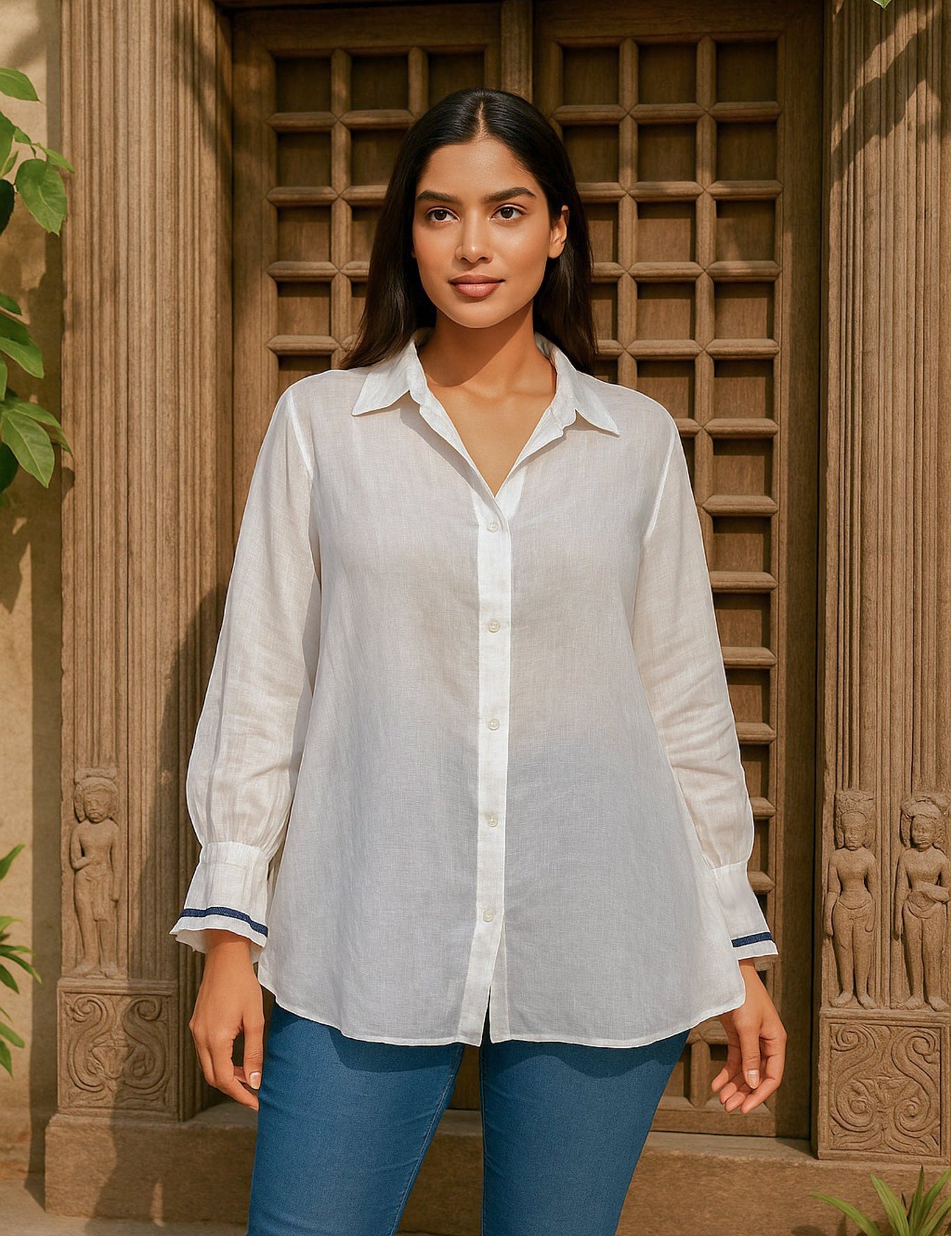 Ekaurr BIGDI Nazaara Cotton Shirt finest cotton summer shirt with a vision-inspired print or embroidered detailing in soft earthy tones, artisan slow fashion top for women from the BIGDI summer collection